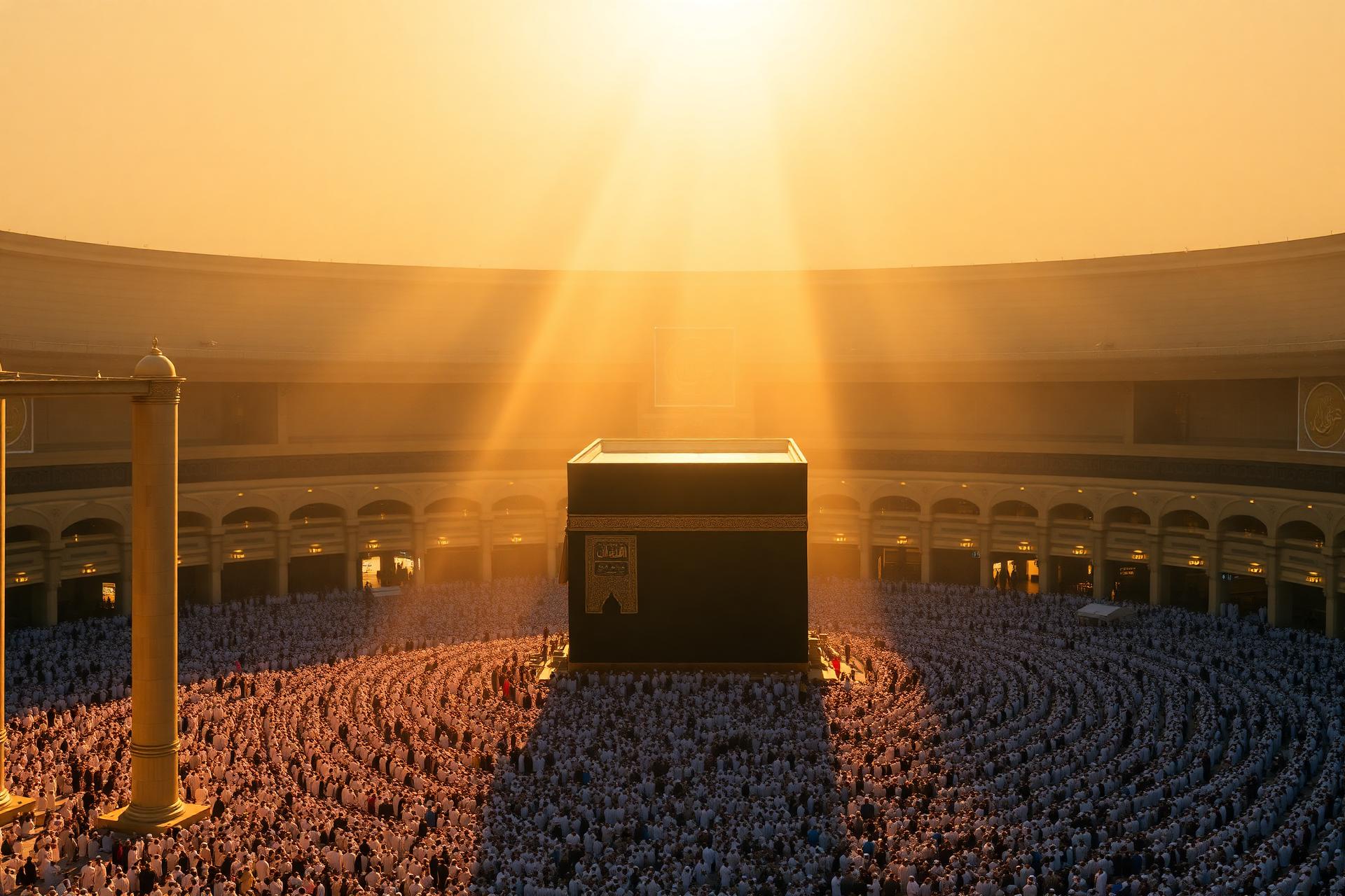 Holy Kaaba at sunset with pilgrims circling